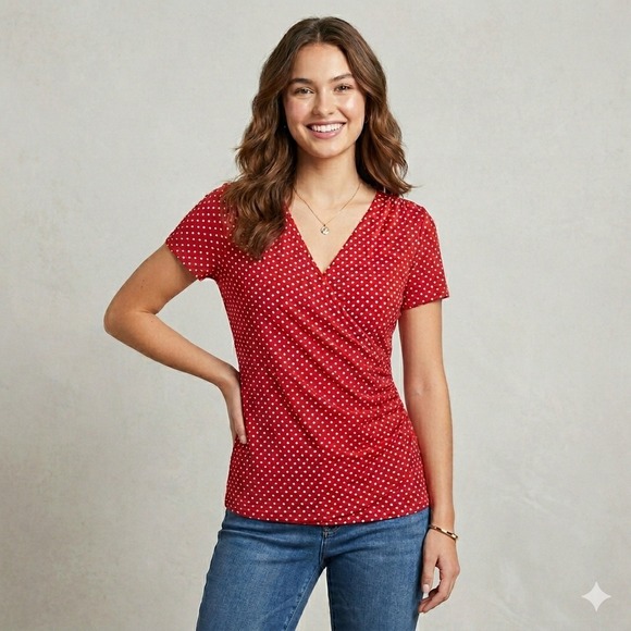 Talbots Tops - Talbots Petites Red White Polka Dot Faux Wrap Ruched V-Neck Top MP Minimalist
